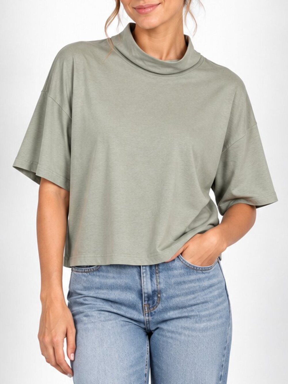 LOFT Sage Green Cowl Neck Boxy Short Sleeve Top Size M